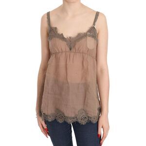 PINK MEMORIES Brown Lace Spaghetti Strap Plunging Top Women's Blouse